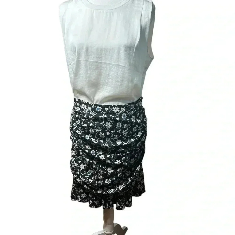 Veronica Beard Rouched Black Floral/Multi Silk Skirt Size  10